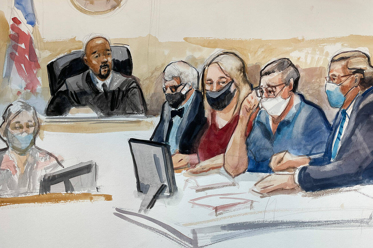 Joann and Allan Thomas are flanked in court by their attorneys Terrence Kellogg (fourth from the right) and John Henry Browne (far right) on May 10, 2022. Judge Richard Jones is presiding over the case. Sketch by Seattle-based artist Lois Silver