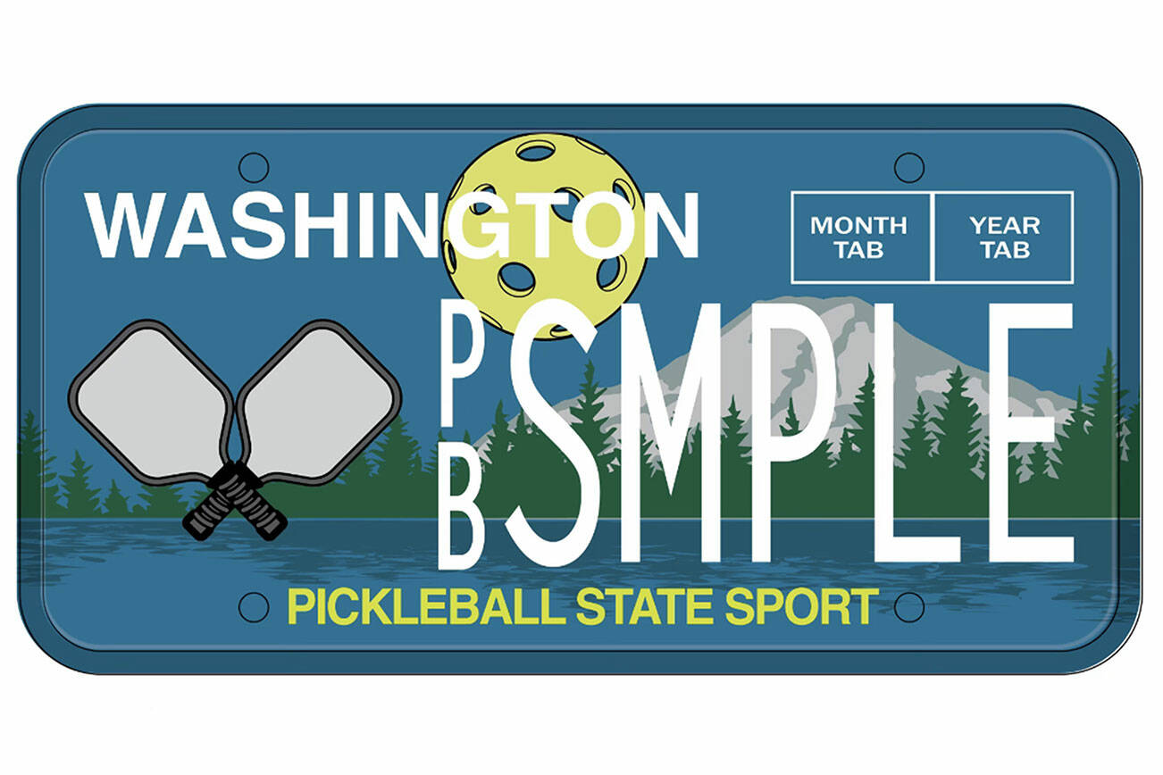 Pickleball Rising license plate, designed by Laramie Studio in Seattle (Seattle Metro Pickleball Association)