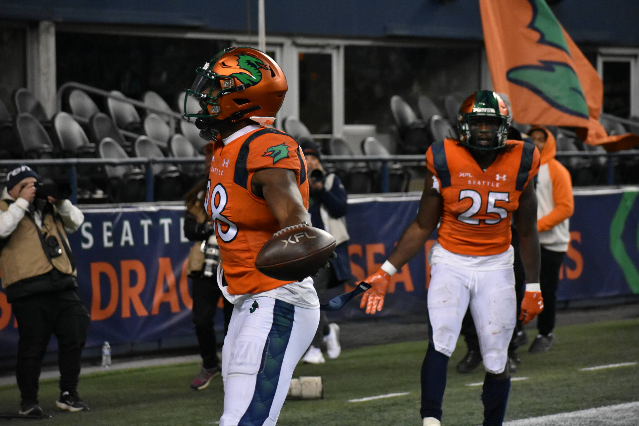 Sea Dragon WR Jordan Veasy celebrates and looks at the home fans after he scored the go ahead touchdown Feb. 23. Photos by Ben Ray/Sound Publishing