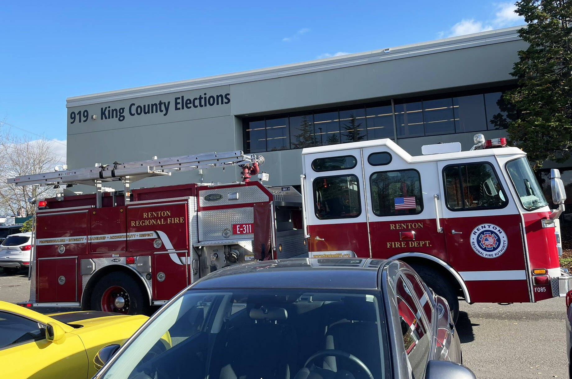 The Renton Regional Fire Authority responds Nov. 8 to King County Elections headquarters in Renton after a white substance was found in an envelope. COURTESY PHOTO, Renton RFA