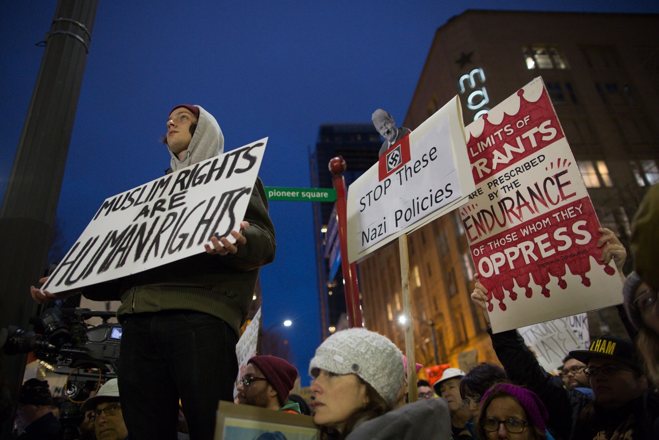 Thousands gathered at Westlake Park in downtown Seattle to protest President Donald Trump’s ban on immigrants and refugees from seven Muslim-majority nations on Sunday, January 29, 2017. Photo by Jeremy Dwyer-Lindgren