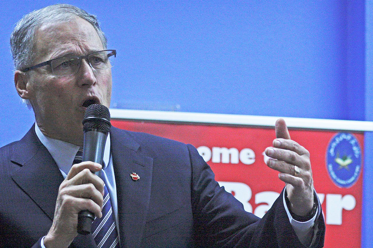 Gov. Jay Inslee speaks to a gathering at the Abu-Bakr Islamic Center of Washington in Tukwila on Friday. MARK KLAAS, Kent Reporter