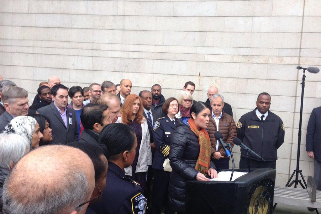 M. Lorena González and other Seattle officials at a press conference responding to Trump earlier this year. Courtesy González’s office