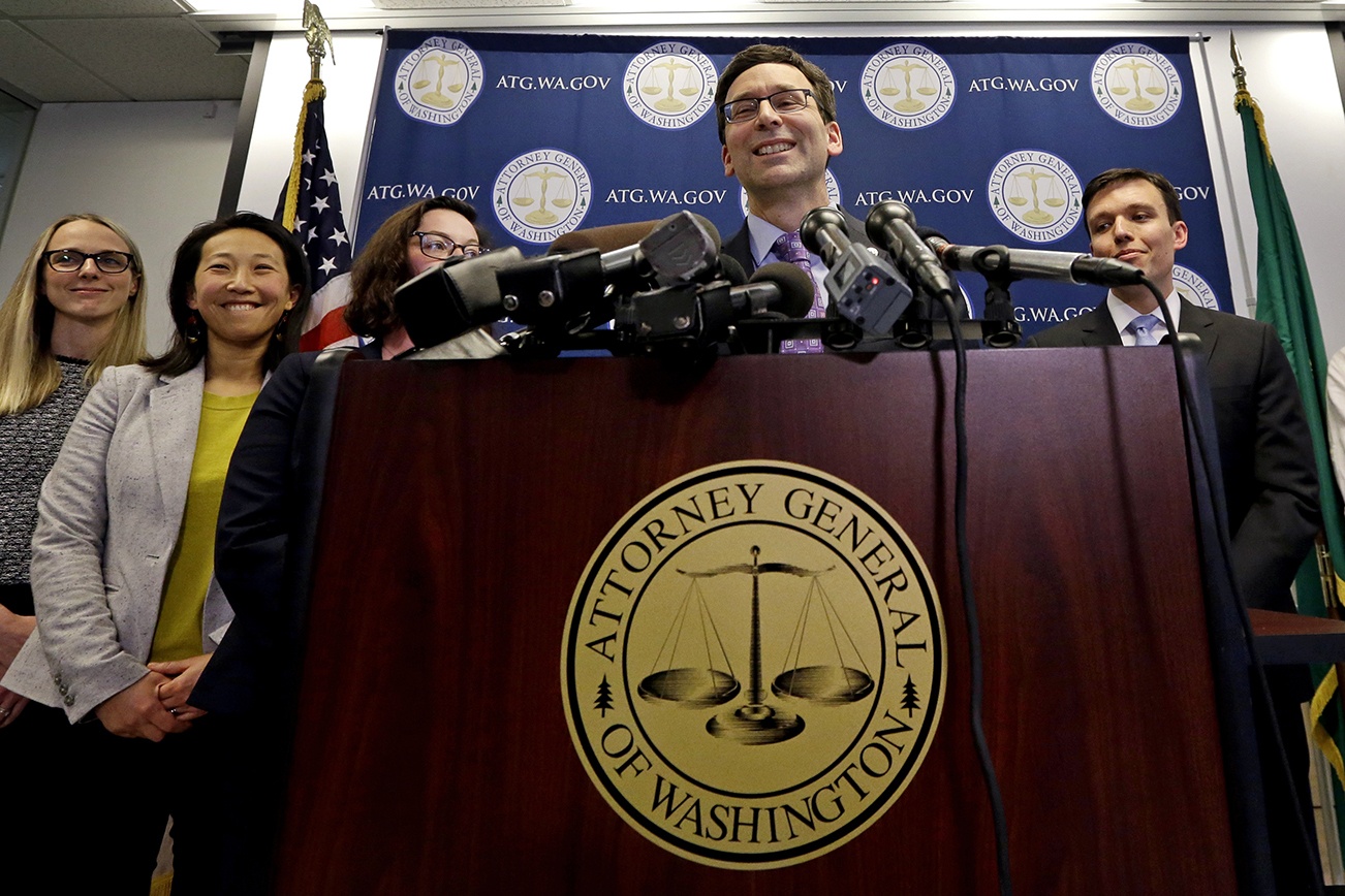 Ferguson speaks at a news conference on February 9 in Seattle about a federal appeals court’s refusal to reinstate the original travel ban. (AP Photo/Elaine Thompson)